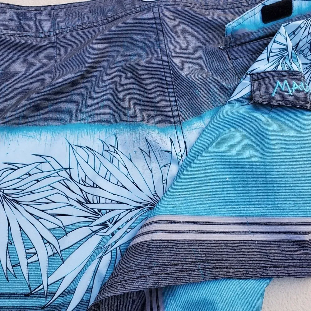 Maui and Sons blue gray and black board shorts